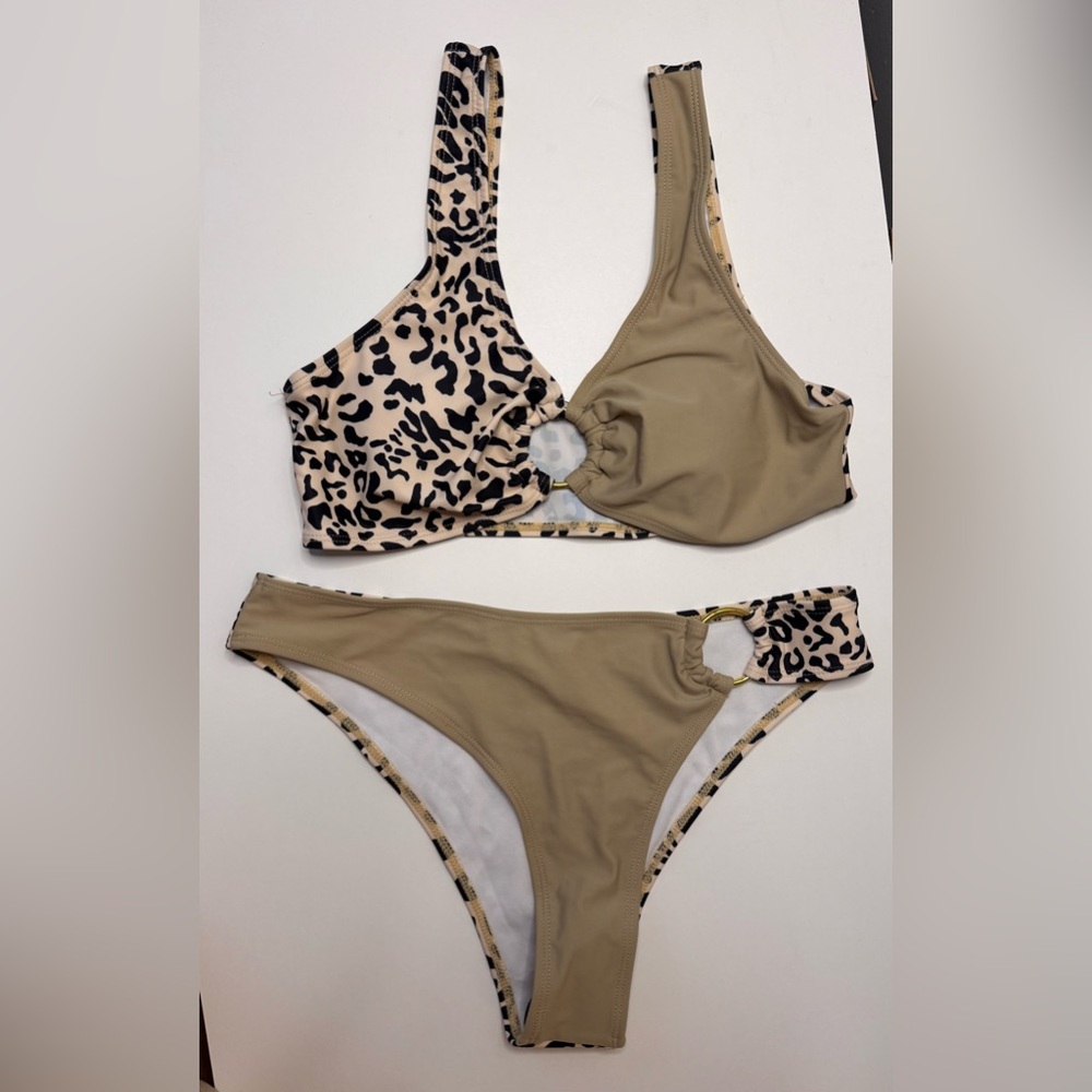 NEW SHEIN Women’s Medium Tan and Leopard  Bikini Set Cheeky Chic Stretchy